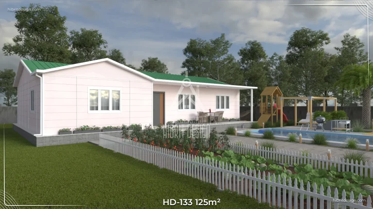HD-133 125 m² 4+1 tek katlı prefabrik ev – beyaz dış cephe, uzun veranda ve geniş bahçeli yan cephe görünümü