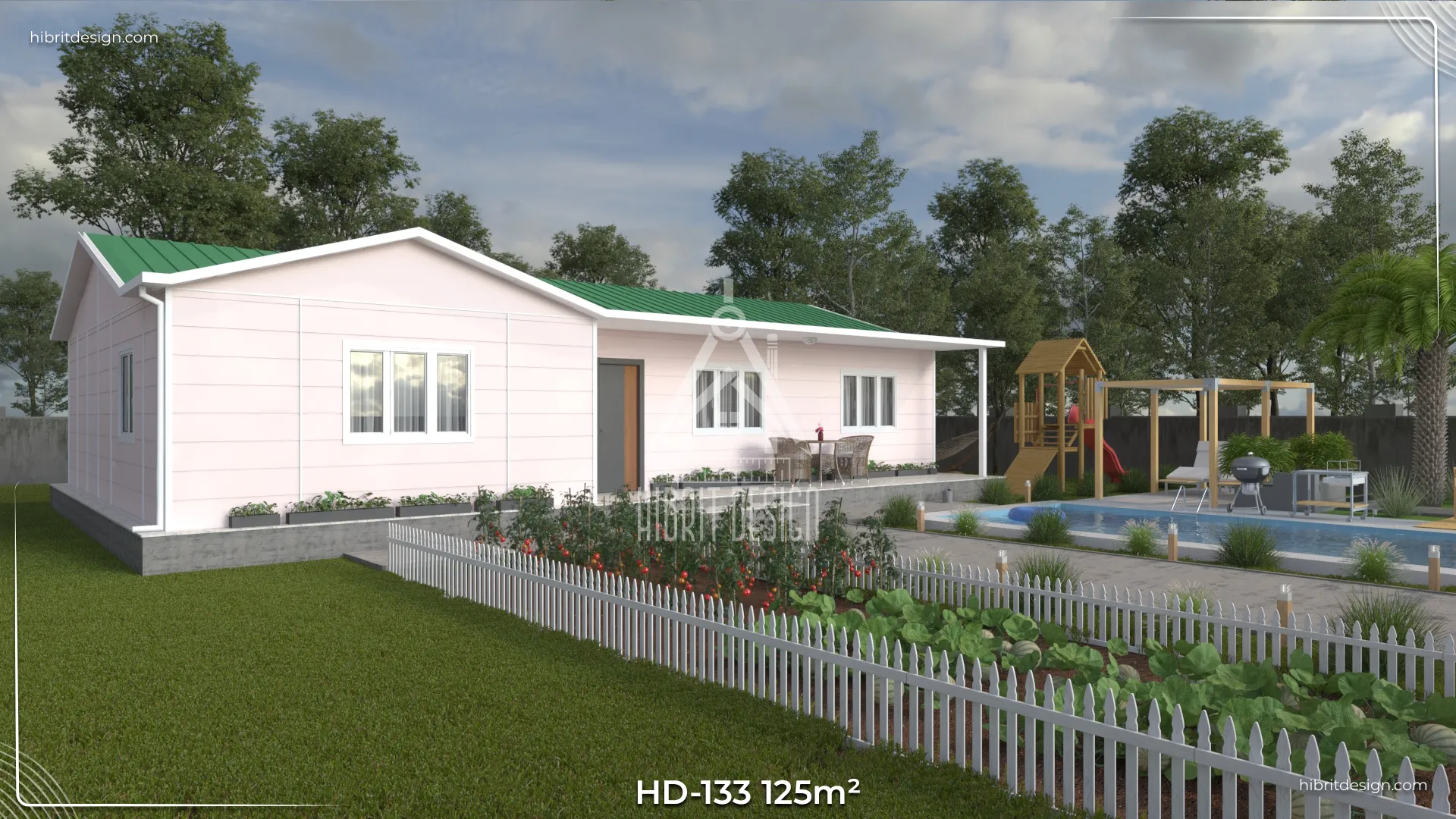 HD-133 125 m² 4+1 tek katlı prefabrik ev – beyaz dış cephe, uzun veranda ve geniş bahçeli yan cephe görünümü