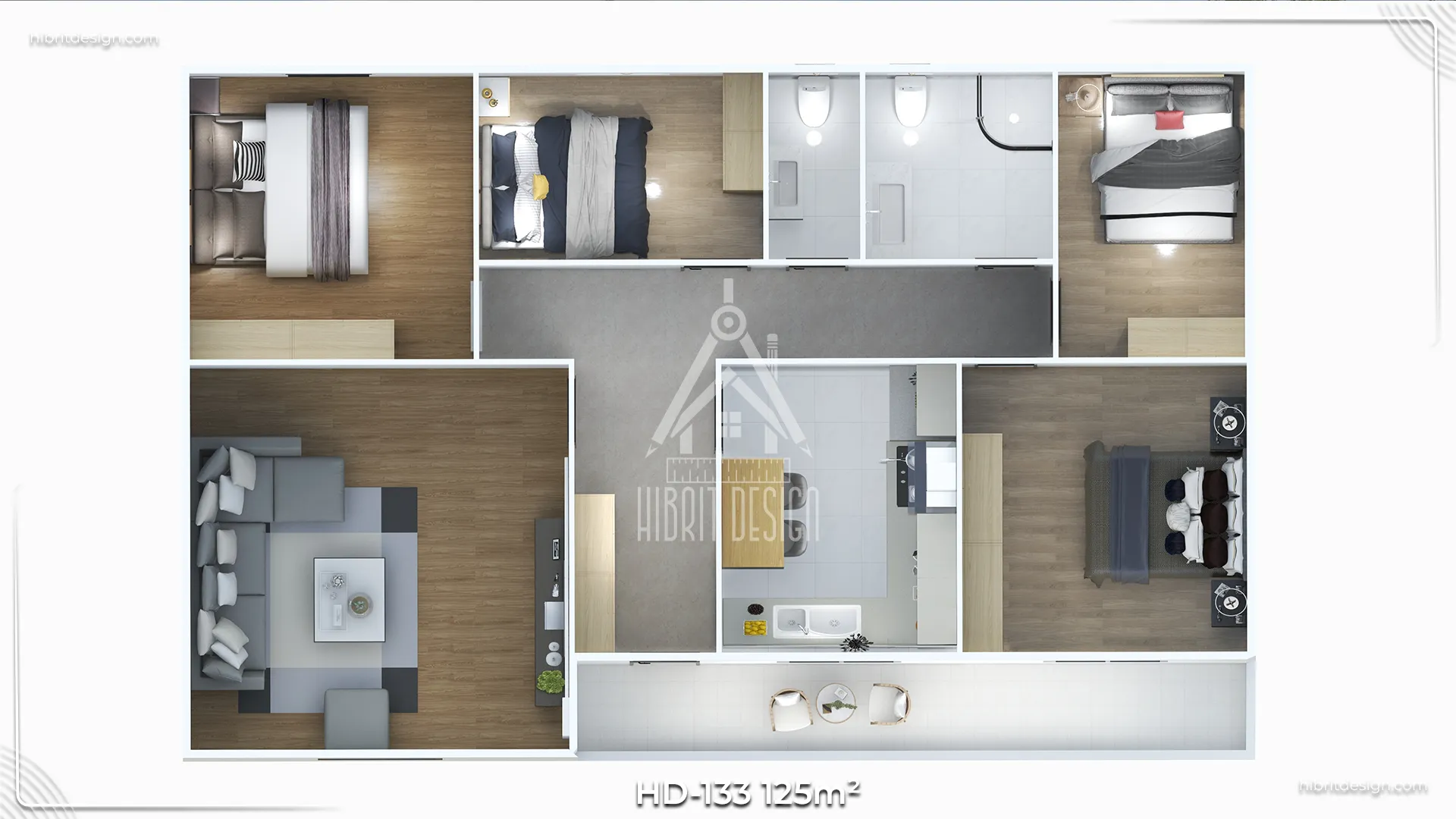 HD-133 125 m² 4+1 tek katlı prefabrik ev – geniş aileler için özelleştirilebilir plan, uzun verandalı iç yerleşim