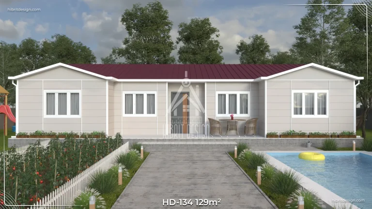 HD-134 129 m² 4+1 tek katlı prefabrik ev – açık renk cephe, 2 banyo 3 tuvaletli, ışık alan ferah önden giriş