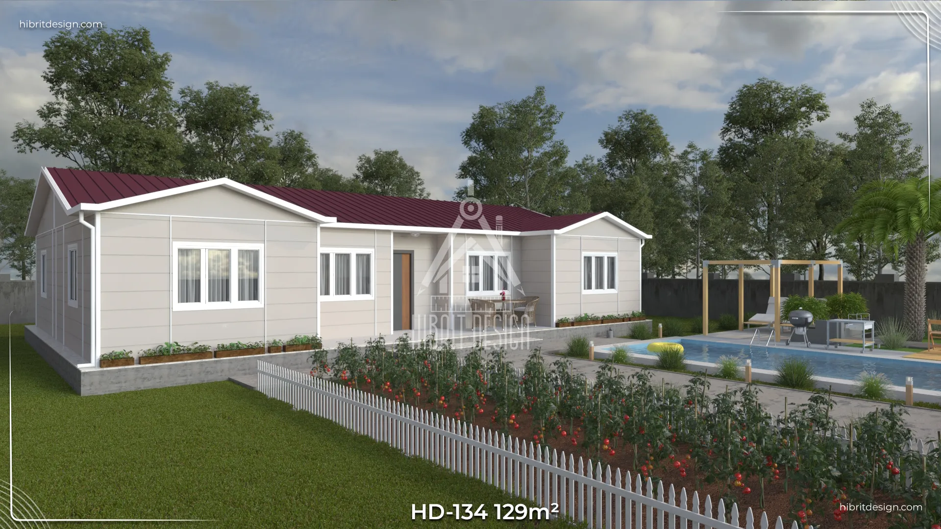 HD-134 129 m² 4+1 tek katlı prefabrik ev – açık renk cephe, 2 banyo 3 tuvalet, geniş bahçeli yan cephe