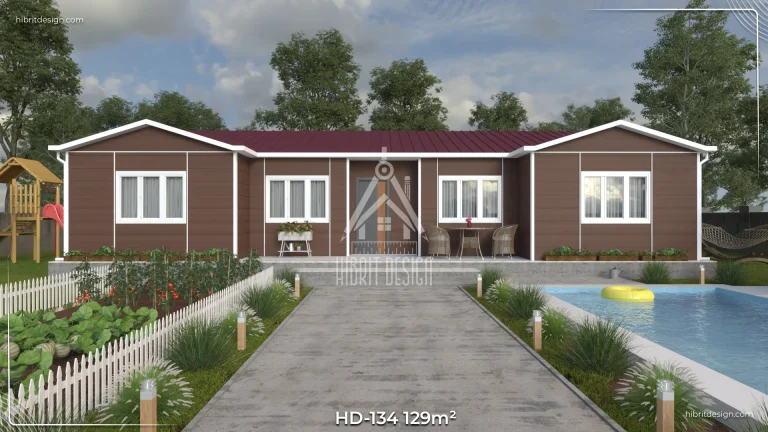 HD-134 129 m² 4+1 tek katlı prefabrik ev – koyu renk cephe, 2 banyo 3 tuvalet, geniş yaşam alanlı önden giriş