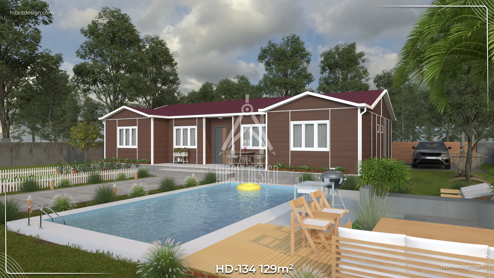 HD-134 129 m² 4+1 tek katlı prefabrik ev – koyu renk cephe, 2 banyo 3 tuvalet, geniş aileler için havuz kenarı görünümü