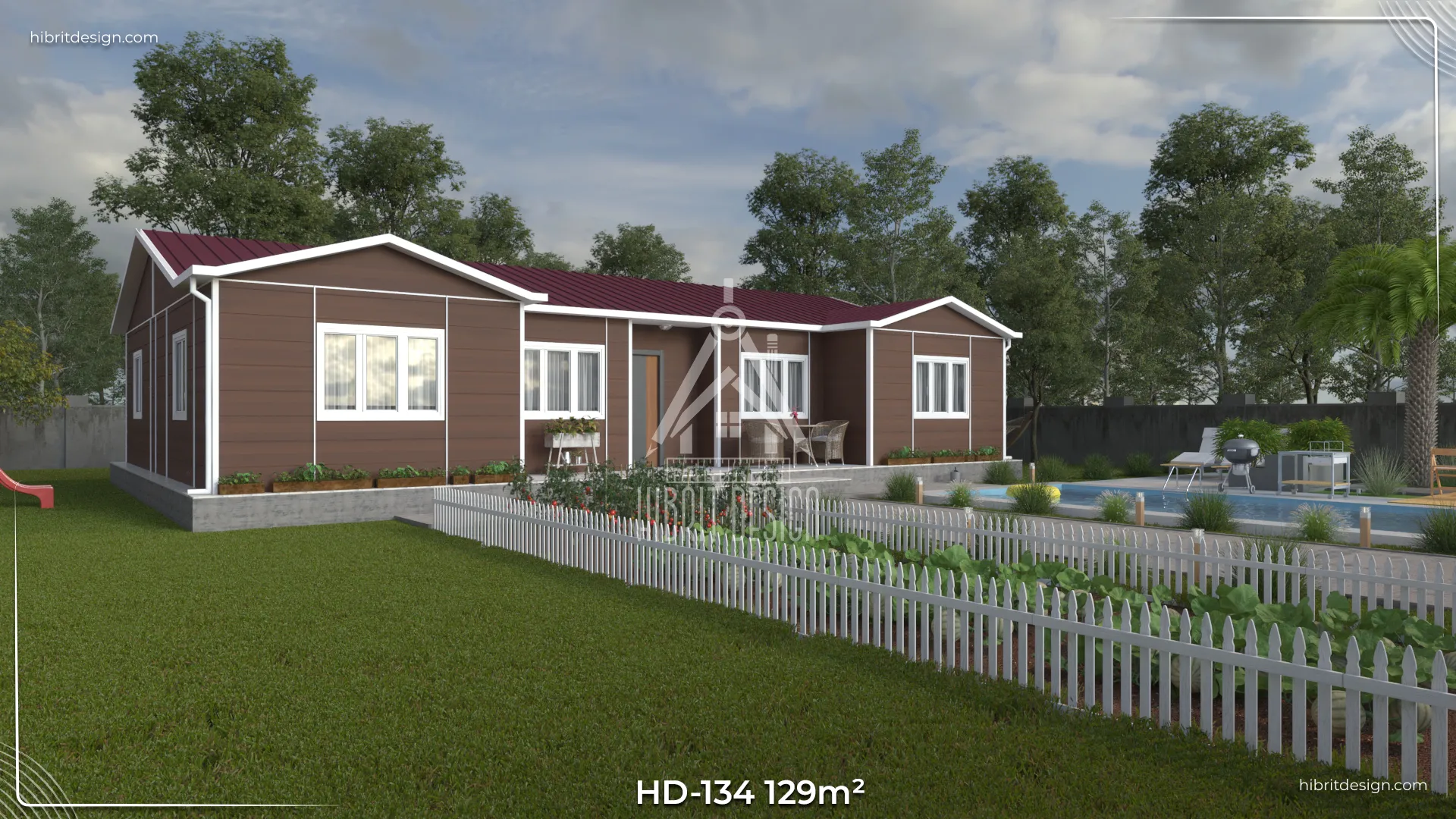 HD-134 129 m² 4+1 tek katlı prefabrik ev – koyu renk cephe, 2 banyo 3 tuvalet, ışık alan geniş bahçeli yan cephe