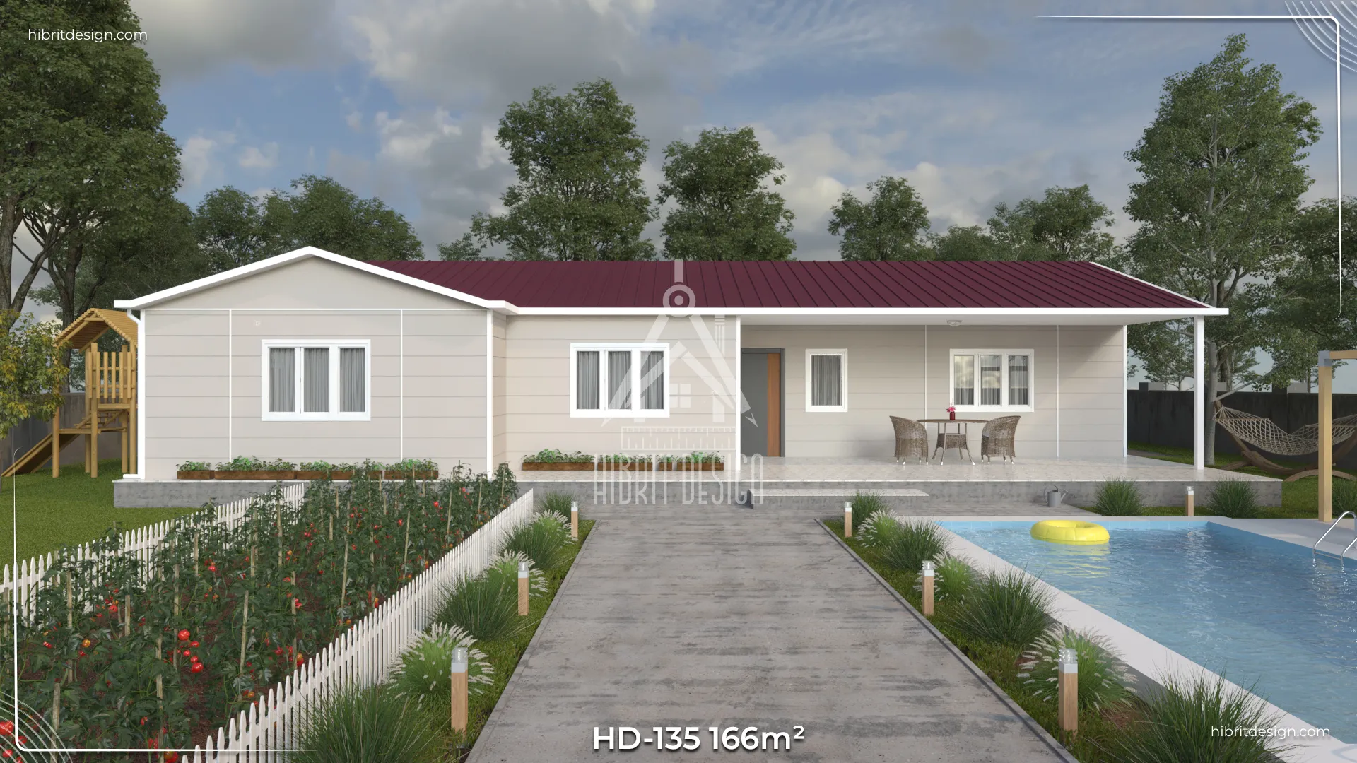 HD-135 166 m² 4+1 tek katlı prefabrik ev – açık renk cephe, geniş veranda ve hızlı kurulum avantajlı modern ön giriş