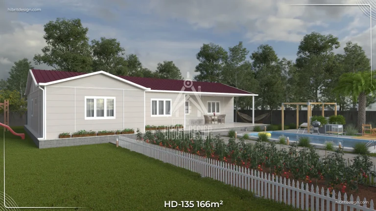 HD-135 166 m² 4+1 tek katlı prefabrik ev – açık renk cephe, geniş veranda ve 2 banyolu ebeveyn banyolu bahçeli yan cephe