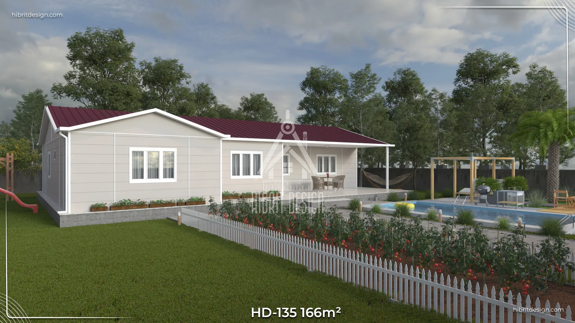 HD-135 166 m² 4+1 tek katlı prefabrik ev – açık renk cephe, geniş veranda ve 2 banyolu ebeveyn banyolu bahçeli yan cephe