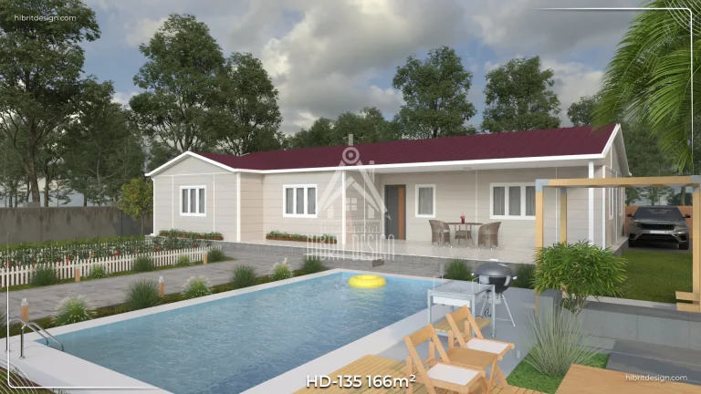 HD-135 166 m² 4+1 tek katlı prefabrik ev – açık renk cephe, geniş veranda ve 2 banyolu ebeveyn banyolu havuz kenarı görünümü
