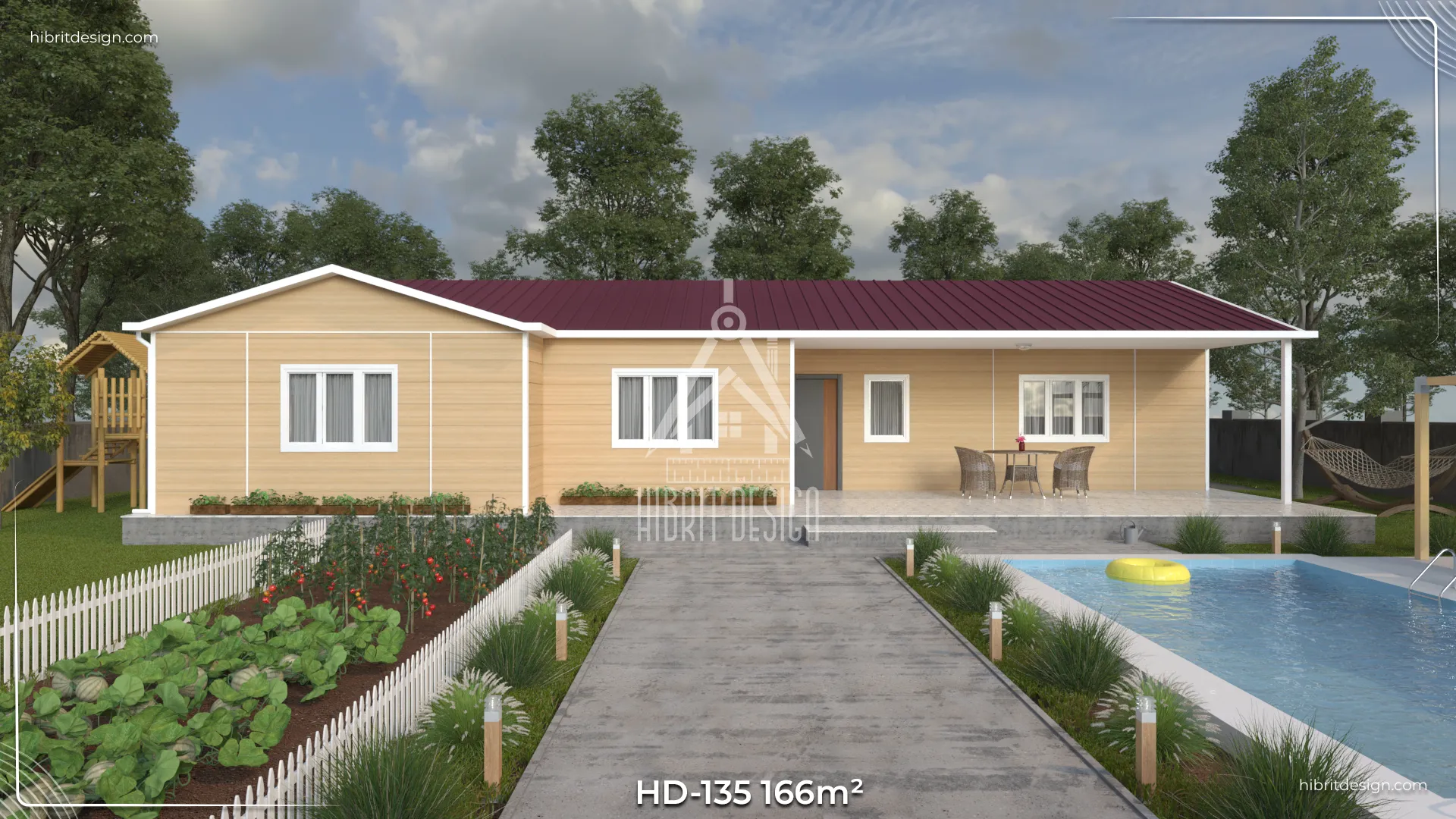 HD-135 166 m² 4+1 tek katlı prefabrik ev – sarı cephe, geniş veranda, 2 banyolu ebeveyn banyolu önden giriş
