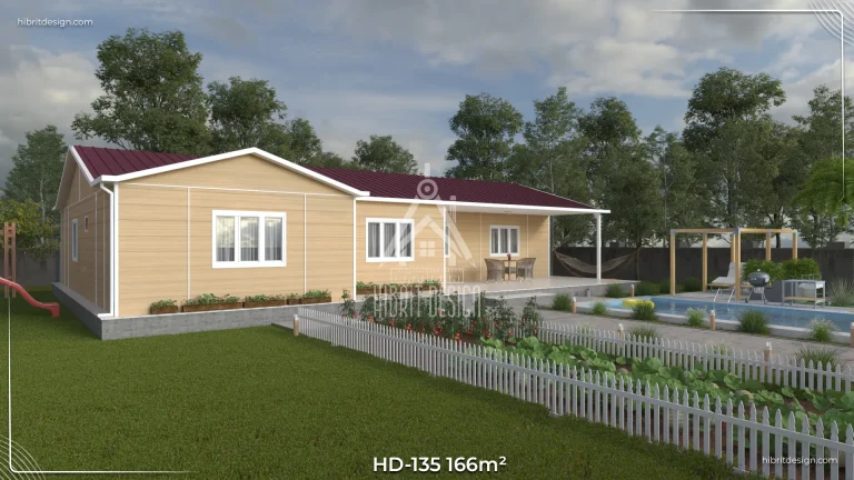 HD-135 166 m² 4+1 tek katlı prefabrik ev – sarı cephe, geniş veranda ve 2 banyolu ebeveyn banyolu bahçeli yan cephe