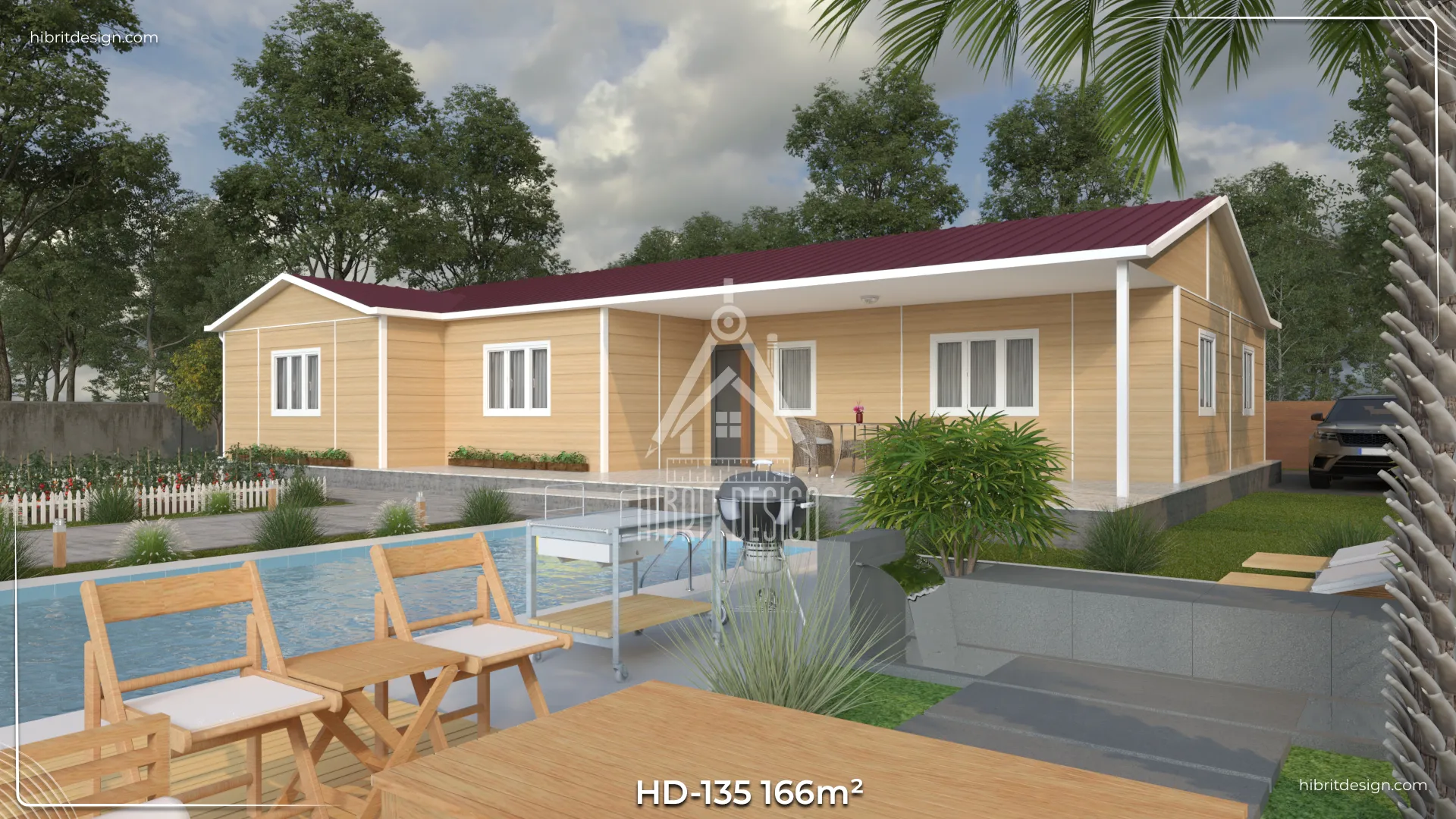 HD-135 166 m² 4+1 tek katlı prefabrik ev – sarı cephe, geniş veranda, 2 banyolu ebeveyn banyolu havuz kenarı görünümü