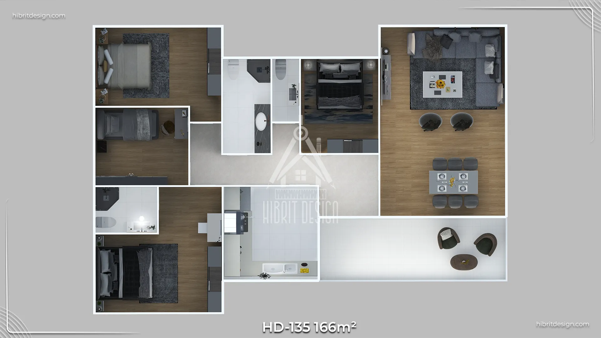 HD-135 166 m² 4+1 tek katlı prefabrik ev – 2 banyo, ebeveyn banyosu ve geniş veranda bağlantısını gösteren iç plan