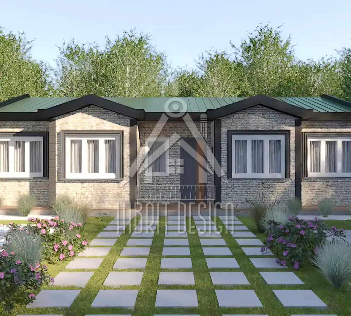 HDS-128 110 m² 3+1 tek katlı çelik ev, geniş ön bahçe ve dekoratif taş yürüyüş yolu.