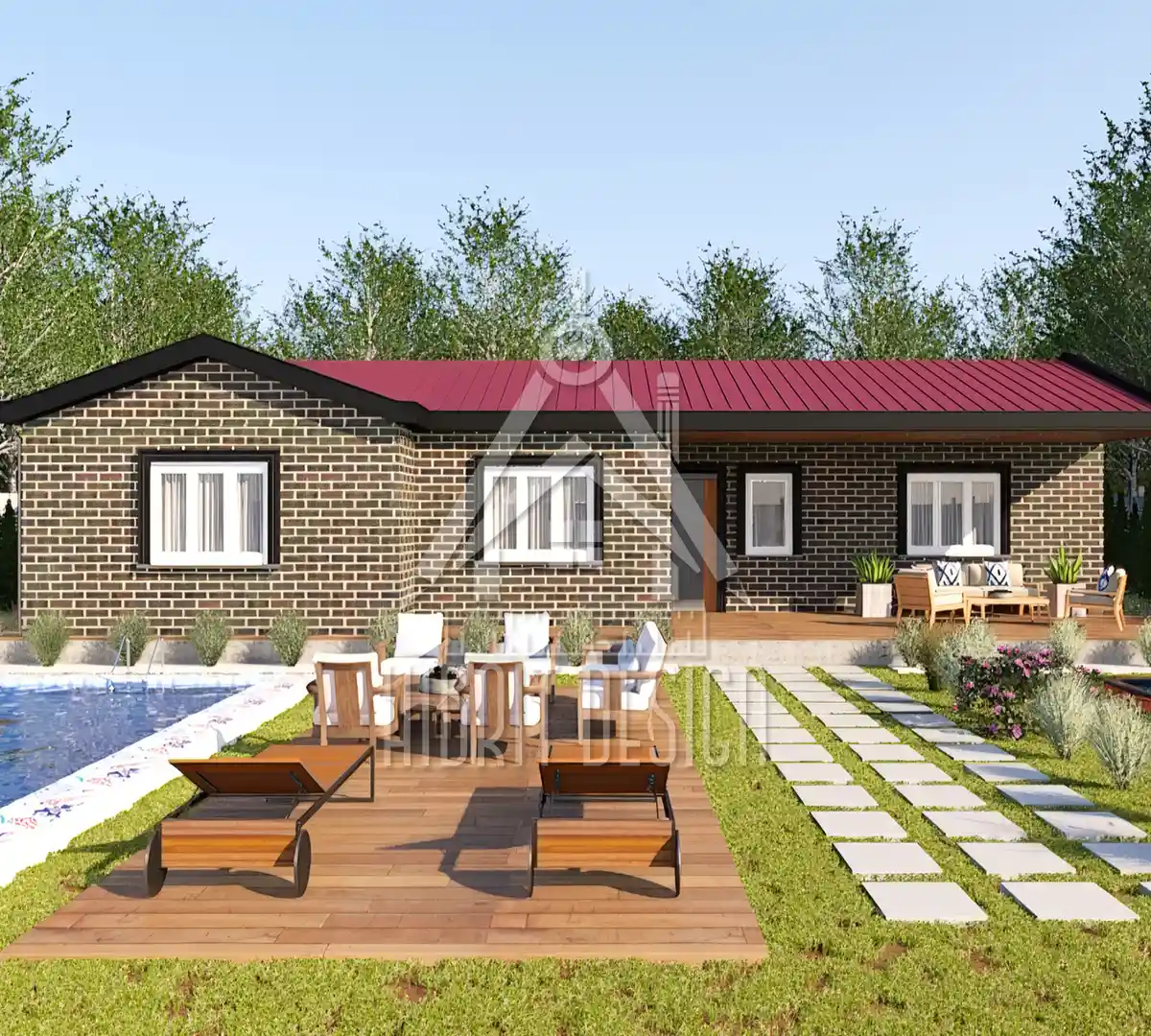 HDS-135 model 166 m² 4+1 çelik ev, geniş bahçeli ve havuz kenarında modern dış cephe
